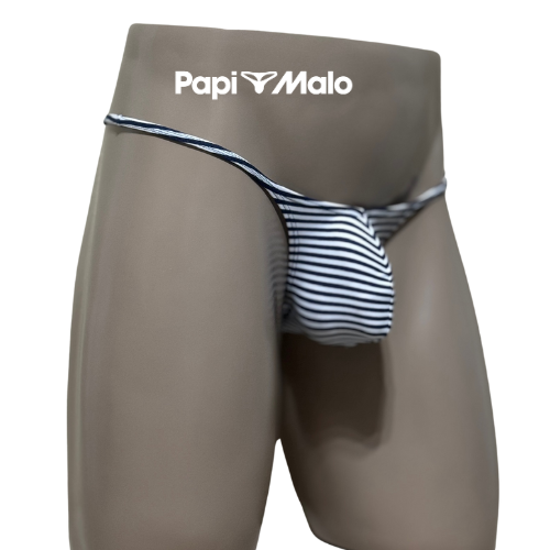 Angled front view of navy pinstripe men’s locker room thong by PapiMalo Gear