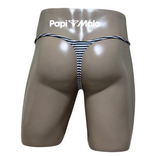 Back view of navy pinstripe men’s locker room thong by PapiMalo Gear