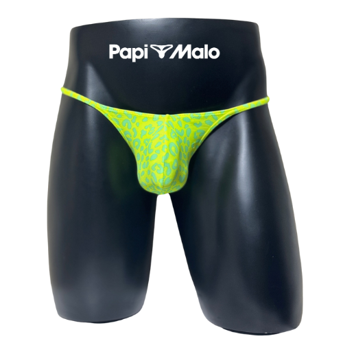 Front view of lime green and turquoise animal print men’s locker room thong by PapiMalo Gear