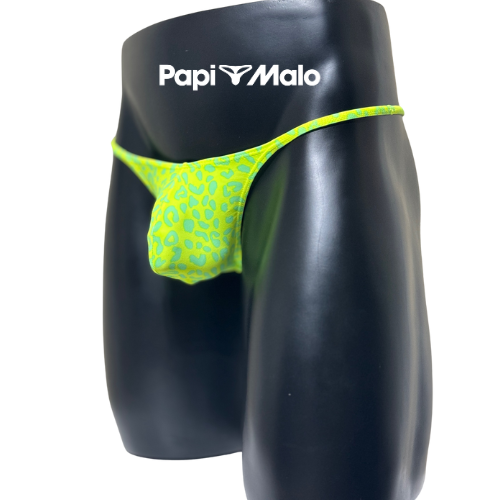 Side view of lime green and turquoise animal print men’s locker room thong by PapiMalo Gear