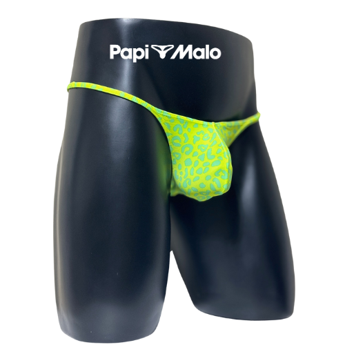 Side view of lime green and turquoise animal print men’s locker room thong by PapiMalo Gear