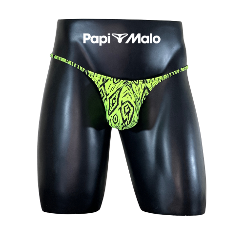 Front view of lime green geometric print men’s locker room thong by PapiMalo Gear
