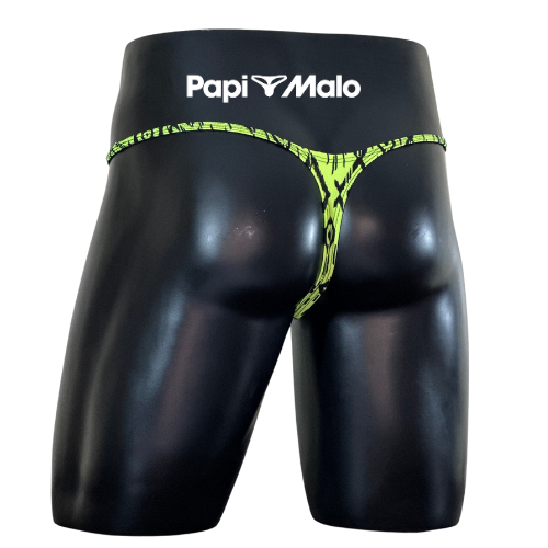 Back view of lime green geometric print men’s locker room thong by PapiMalo Gear