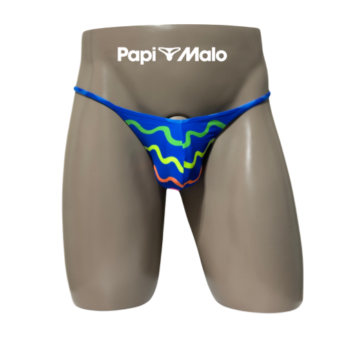 Front view of electric blue wave print men’s locker room thong by PapiMalo Gear