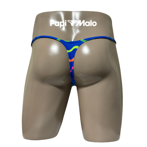 Back view of electric blue wave print men’s locker room thong by PapiMalo Gear