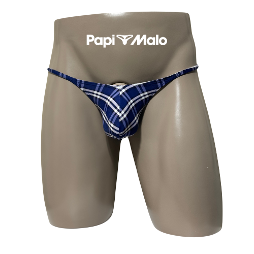 Front view of navy blue tartan men’s locker room thong by PapiMalo Gear