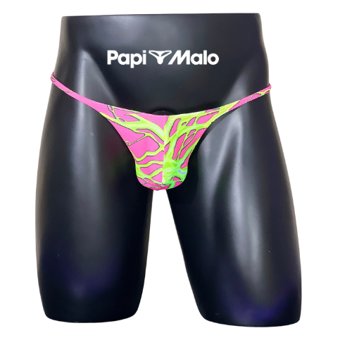 Front view of pink and neon green abstract print men’s locker room thong by PapiMalo Gear