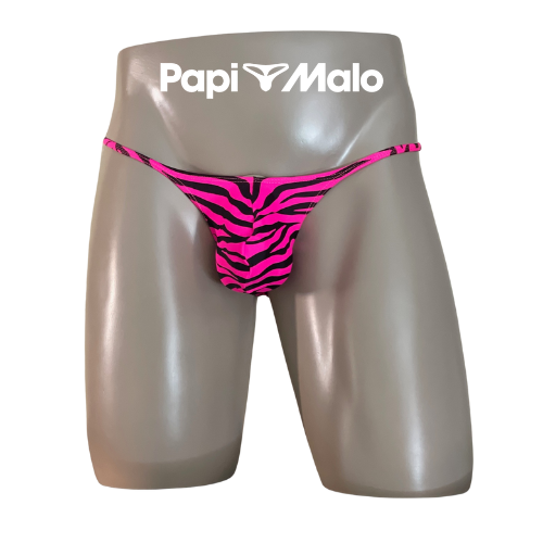 Front view of hot pink zebra print men’s locker room thong by PapiMalo Gear