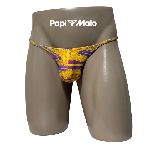 Front view of yellow and purple abstract print men’s locker room thong by PapiMalo Gear