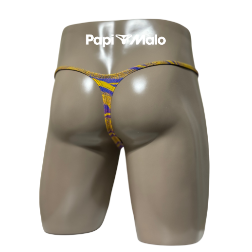 Back view of yellow and purple abstract print men’s locker room thong by PapiMalo Gear