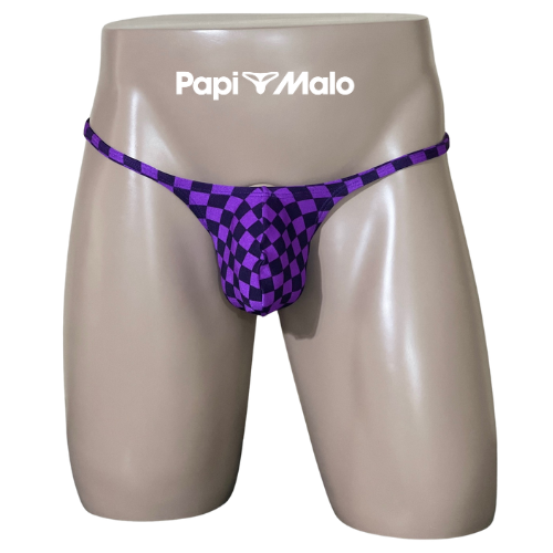 Front view of purple and black checkerboard men’s locker room thong by PapiMalo Gear