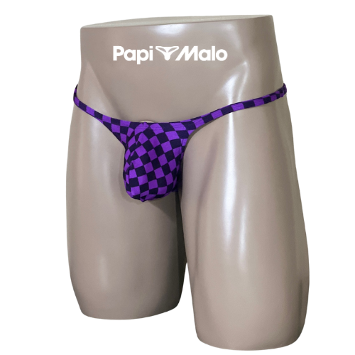 Side view of purple and black checkerboard men’s locker room thong by PapiMalo Gear