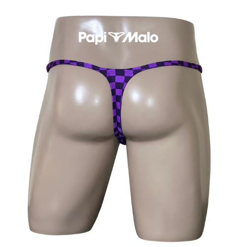 Back view of purple and black checkerboard men’s locker room thong by PapiMalo Gear
