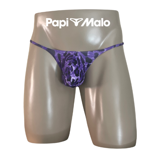 Front view of tonal purple abstract men’s locker room thong by PapiMalo Gear