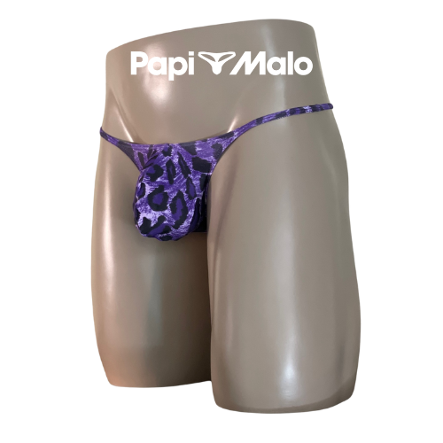 Side view of tonal purple abstract men’s locker room thong by PapiMalo Gear