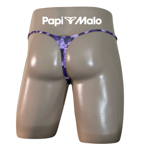 Back view of tonal purple abstract men’s locker room thong by PapiMalo Gear