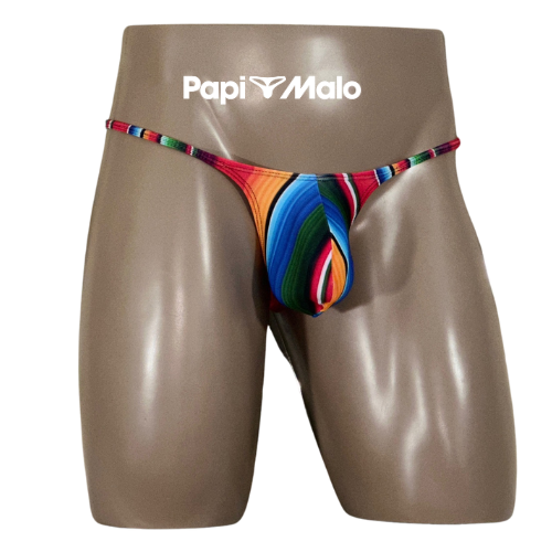 Front view of multicolor striped men’s locker room thong by PapiMalo Gear