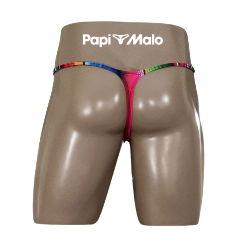 Back view of multicolor striped men’s locker room thong by PapiMalo Gear
