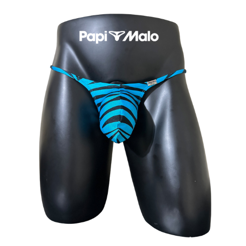 Front view of electric blue tiger print men’s muscle thong by PapiMalo Gear