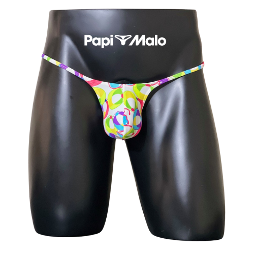 Front view of multicolor retro print men’s muscle thong by PapiMalo Gear