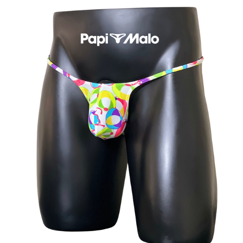 Front view of multicolor retro print men’s muscle thong by PapiMalo Gear