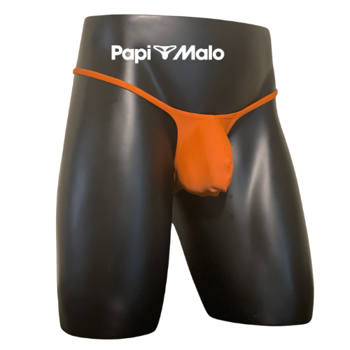 Front view of orange men’s muscle thong by PapiMalo Gear