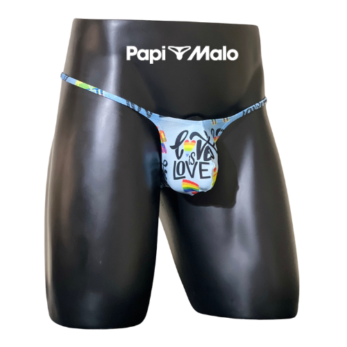 Front view of rainbow Pride print men’s muscle thong by PapiMalo Gear