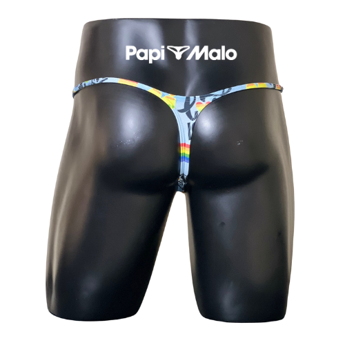 Back view of rainbow Pride print men’s muscle thong by PapiMalo Gear