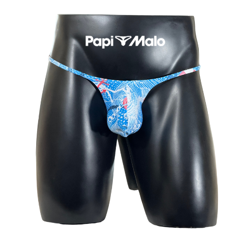 Front view of blue ocean-inspired men’s muscle thong by PapiMalo Gear