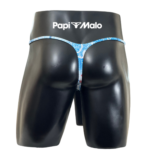 Back view of blue ocean-inspired men’s muscle thong by PapiMalo Gear