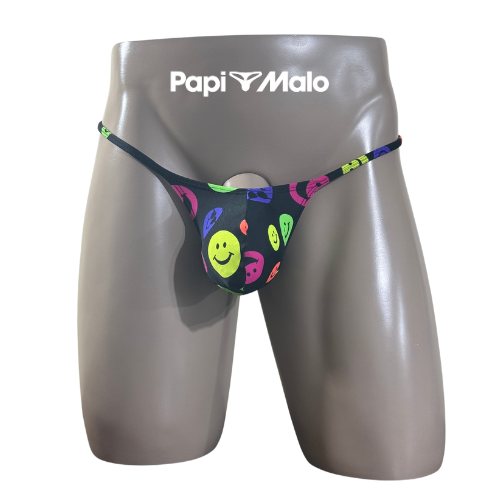 Front view of neon smile graphic men’s muscle thong by PapiMalo Gear