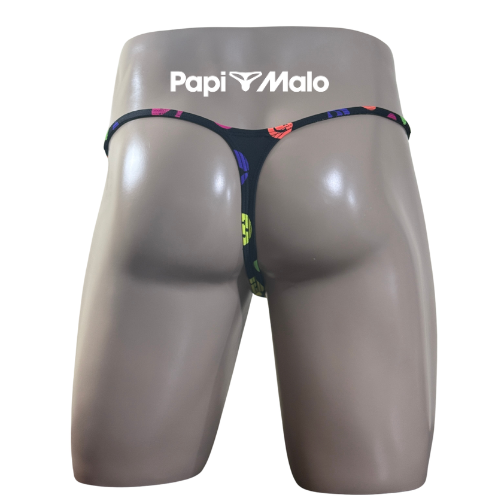 Back view of neon smile graphic men’s muscle thong by PapiMalo Gear