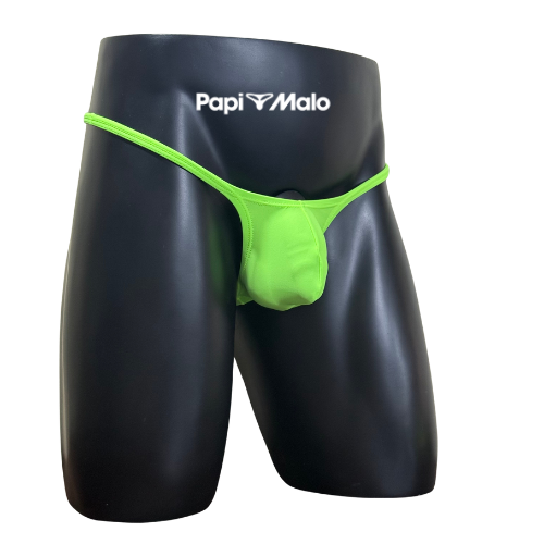 Front view of neon lime men’s muscle thong by PapiMalo Gear
