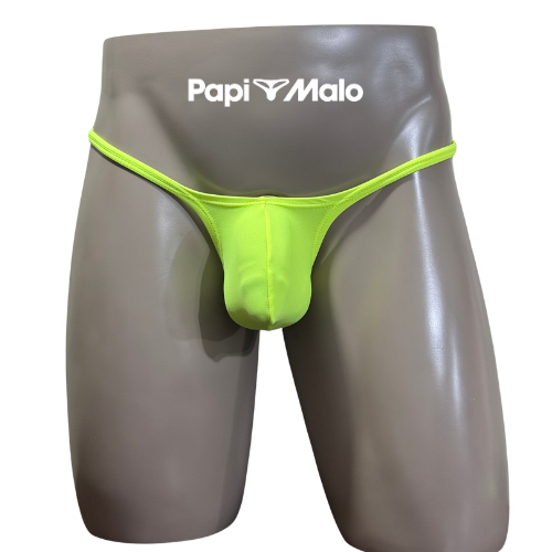 Front view of neon yellow men’s muscle thong by PapiMalo Gear