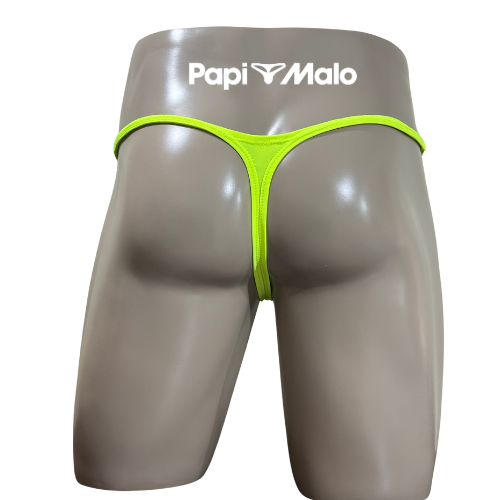 Rear view of neon yellow men’s muscle thong by PapiMalo Gear