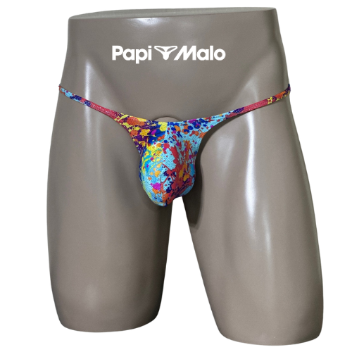 Front view of multicolor abstract paint-inspired men’s muscle thong by PapiMalo Gear