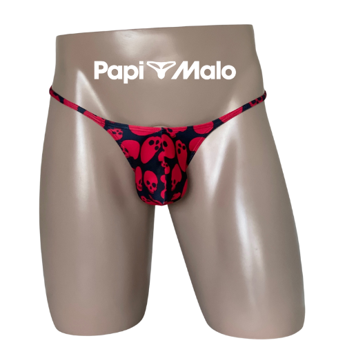 Front view of black and red skull print men’s muscle thong by PapiMalo Gear