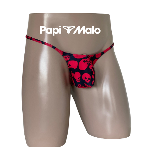 Side view of black and red skull print men’s muscle thong by PapiMalo Gear