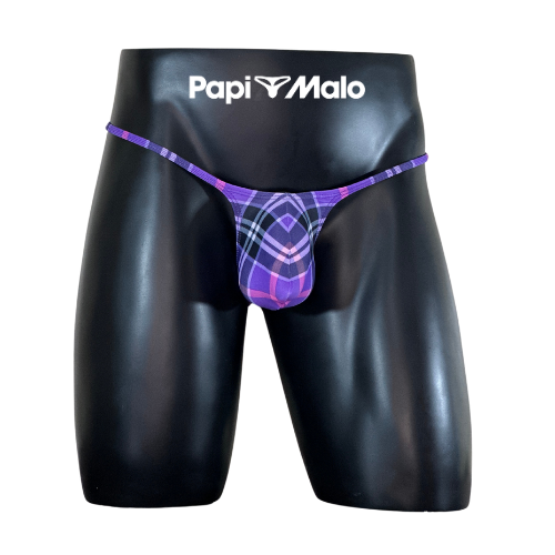 Front view of purple tartan men’s muscle thong by PapiMalo Gear