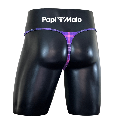 Back view of purple tartan men’s muscle thong by PapiMalo Gear