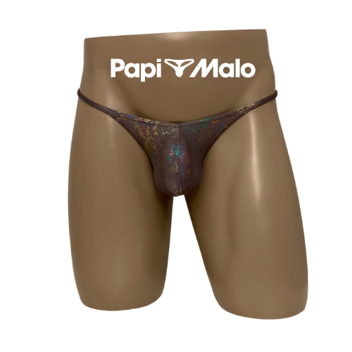 Front view of bronze holographic snake-inspired men’s muscle thong by PapiMalo Gear