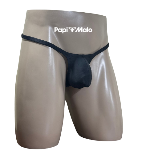 Front view of matte black men’s muscle thong by PapiMalo Gear