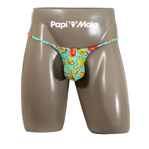 Front view of turquoise fiesta-inspired men’s muscle thong by PapiMalo Gear