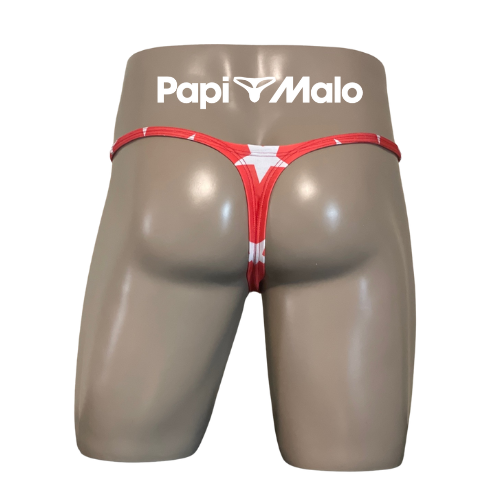 Back view of red star print men’s muscle thong by PapiMalo Gear