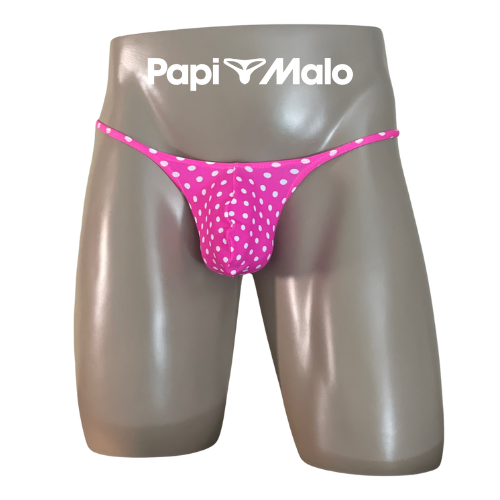 Front view of pink polka dot men’s muscle thong by PapiMalo Gear