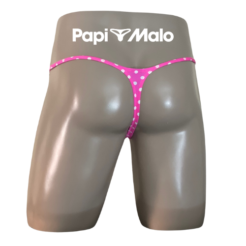 Back view of pink polka dot men’s muscle thong by PapiMalo Gear
