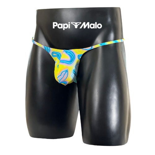 Front view of abstract yellow swirl men’s muscle thong by PapiMalo Gear