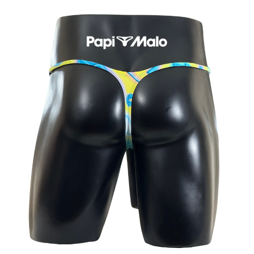 Back view of abstract yellow swirl men’s muscle thong by PapiMalo Gear