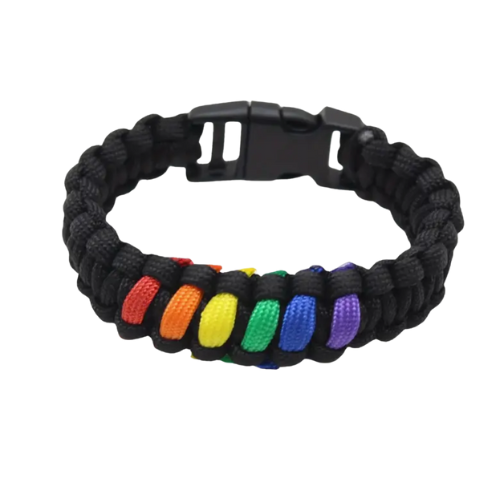Black woven rainbow paracord bracelet with buckle closure and colorful Pride stripe accents