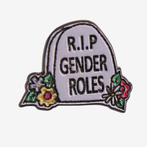 R.I.P. Gender Roles enamel pin featuring tombstone design with colorful flowers